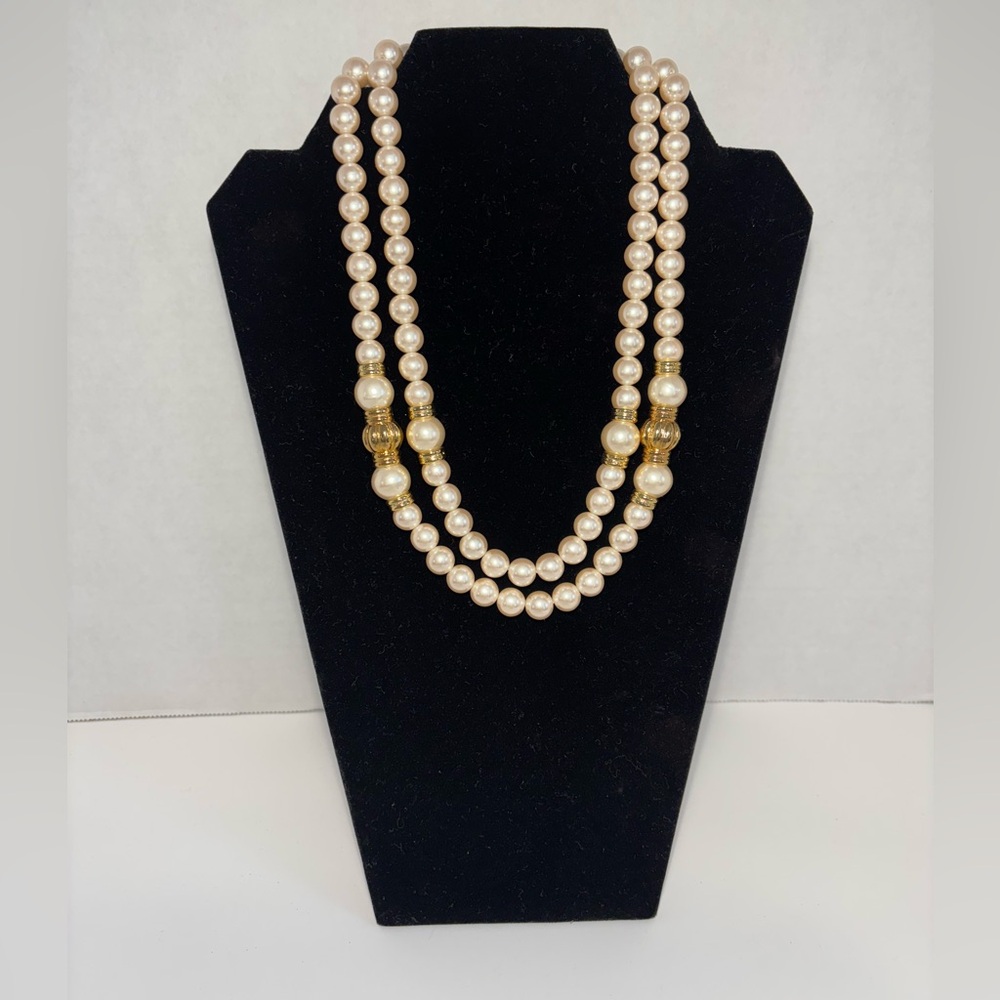 Richelieu Pearl Double Strand Gold Tone Necklace Foldover Clasp 9.5” Drop Signed